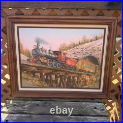 Vintage C. Carson Signed Oil Painting Steam Train Locomotive Wood Frame 12x16