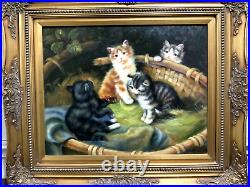 Vintage Cat Kittens in Basket Oil Painting on Canvas with Ornate Gold Frame 28x24