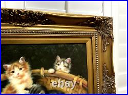 Vintage Cat Kittens in Basket Oil Painting on Canvas with Ornate Gold Frame 28x24