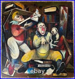 Vintage Clown Library Books Oil Painting Modern Art Wall Hanging Unknown Artist