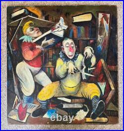 Vintage Clown Library Books Oil Painting Modern Art Wall Hanging Unknown Artist
