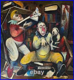 Vintage Clown Library Books Oil Painting Modern Art Wall Hanging Unknown Artist