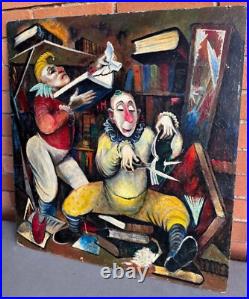 Vintage Clown Library Books Oil Painting Modern Art Wall Hanging Unknown Artist