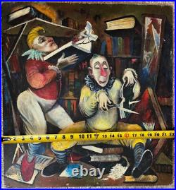 Vintage Clown Library Books Oil Painting Modern Art Wall Hanging Unknown Artist