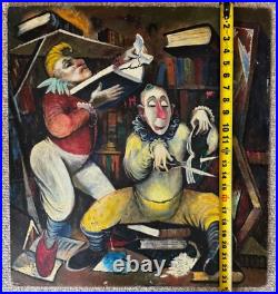 Vintage Clown Library Books Oil Painting Modern Art Wall Hanging Unknown Artist