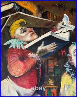 Vintage Clown Library Books Oil Painting Modern Art Wall Hanging Unknown Artist