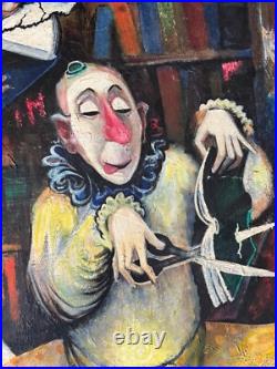 Vintage Clown Library Books Oil Painting Modern Art Wall Hanging Unknown Artist