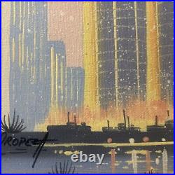 Vintage Eduardo Oropeza Original Oil on Canvas Chicago Skyline Marina Tower 8x10