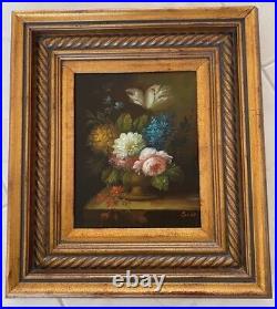 Vintage Floral Still Life Oil on Canvas Original Painting, Framed Signed Scott