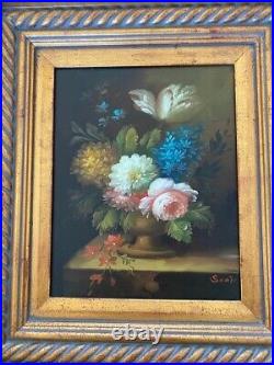 Vintage Floral Still Life Oil on Canvas Original Painting, Framed Signed Scott