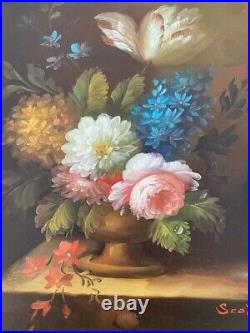 Vintage Floral Still Life Oil on Canvas Original Painting, Framed Signed Scott