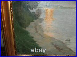 Vintage Framed Oil on Canvas Coastal Landscape at Sunset Listed Danish Artist