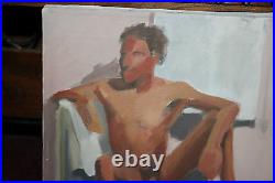 Vintage Gay Interest Oil Painting Portrait Nude Black Man In Shower Detailed