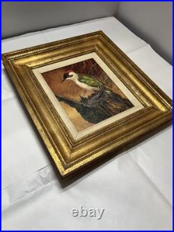 Vintage MCM Woodpecker Oil On Canvas Painting Signed Original