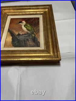 Vintage MCM Woodpecker Oil On Canvas Painting Signed Original