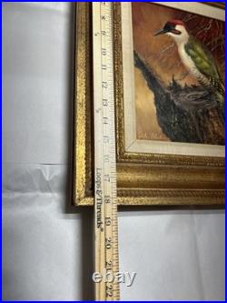 Vintage MCM Woodpecker Oil On Canvas Painting Signed Original