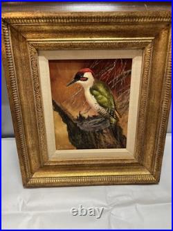 Vintage MCM Woodpecker Oil On Canvas Painting Signed Original