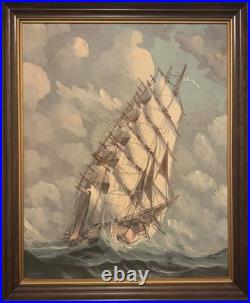Vintage Maritime Oil Painting Tall Ship in Stormy Seas Framed Nautical Art