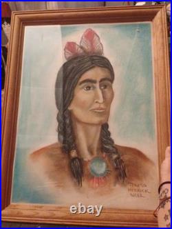 Vintage Native American Portrait Original Art Watercolor Signed With Frame