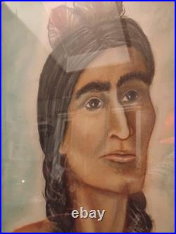 Vintage Native American Portrait Original Art Watercolor Signed With Frame