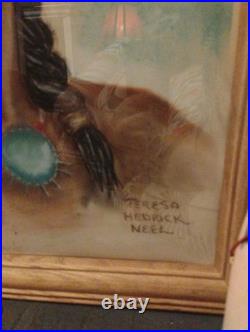 Vintage Native American Portrait Original Art Watercolor Signed With Frame