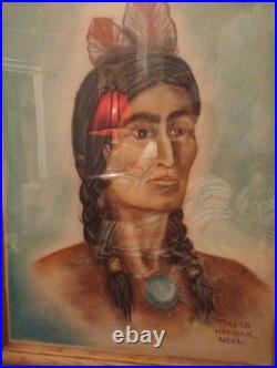 Vintage Native American Portrait Original Art Watercolor Signed With Frame