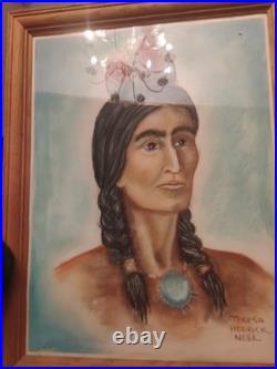 Vintage Native American Portrait Original Art Watercolor Signed With Frame