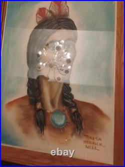 Vintage Native American Portrait Original Art Watercolor Signed With Frame