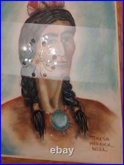 Vintage Native American Portrait Original Art Watercolor Signed With Frame