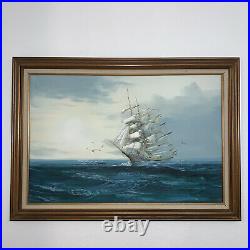 Vintage Nautical Ship Original Oil Painting With Nice Wooden Frame