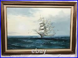 Vintage Nautical Ship Original Oil Painting With Nice Wooden Frame
