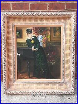 Vintage OIL On CANVAS PAINTING Woman at PIANO HUGE Gilded FRAME Signed A. Lutge