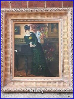 Vintage OIL On CANVAS PAINTING Woman at PIANO HUGE Gilded FRAME Signed A. Lutge