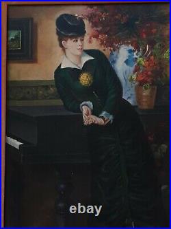 Vintage OIL On CANVAS PAINTING Woman at PIANO HUGE Gilded FRAME Signed A. Lutge