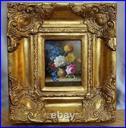 Vintage Oil On Canvas Still Life Flowers Painting Gold Gilt Frame Signed