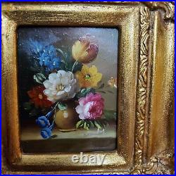 Vintage Oil On Canvas Still Life Flowers Painting Gold Gilt Frame Signed