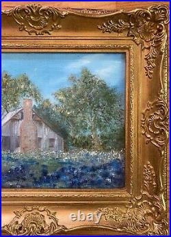 Vintage Oil Painting-Bluebonnet Landscape-Antique Old Home-Ornate Frame