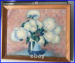 Vintage Oil Painting Floral Still Life Impressionist Pink White Pastel Framed