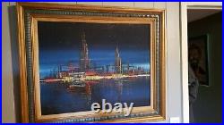 Vintage Oil Painting Harbor Cityscape brutalist mid century contemporary modern