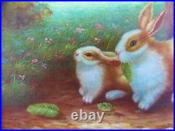 Vintage Oil Painting Of Bunny Rabbits And Landscape Gold Gilt Wooden Frame