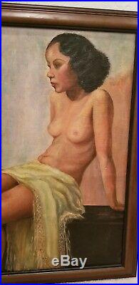 Vintage Original Oil On Canvas Portrait Of A Nude Black Woman 33X27