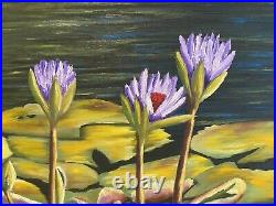 Vintage Original Oil Painting Landscape Art Water Lillies on Canvas 21x39