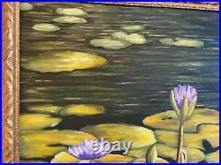Vintage Original Oil Painting Landscape Art Water Lillies on Canvas 21x39