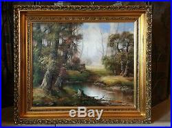 Vintage Original Oil Painting On Canvas Landscape Signed Ornate Frame
