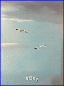 Vintage Original Oil Painting On Canvas Seascape W Seagulls By W. Dawson 42x29
