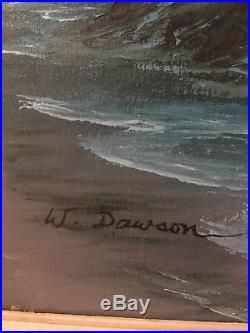Vintage Original Oil Painting On Canvas Seascape W Seagulls By W. Dawson 42x29