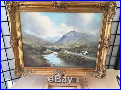 Vintage Original Oil Painting on Canvas Hillside Scenery Ornate Gold Frame