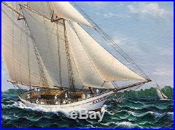 Vintage Original Oil Painting on Canvas Sailboat Boat Ship Ocean Bay
