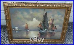 Vintage Original Painting On Canvas Gold Gild Wood Frame Signed Herman Seascape