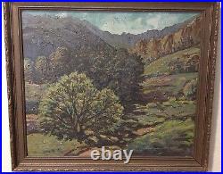 Vintage Painting Landscape Mountains Trees Oil on Canvas Carved Framed